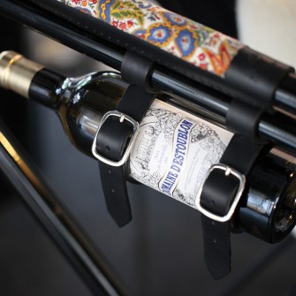 Black leather bike water bottle holder